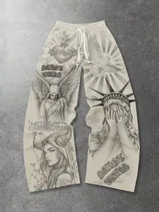 Street Life men's casual wide leg religious style pants, unisex apricot casual sweatpants, Angel Sacred Heart Saint print autumn and winter sports pants, Athleisure Style Bottoms