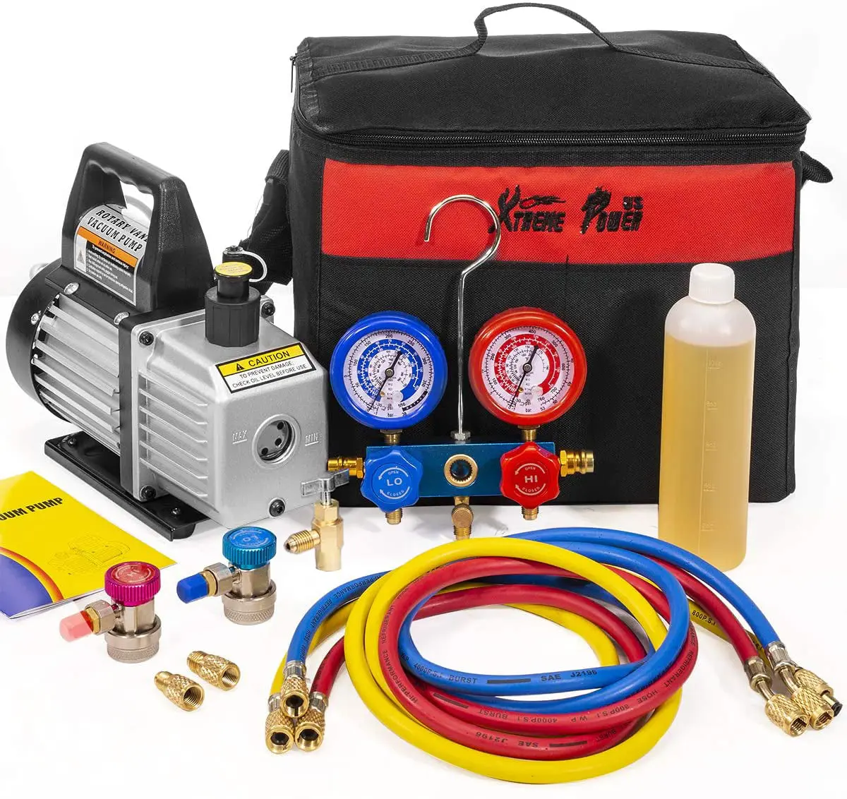 XtremepowerUS 71097 3CFM 1/4 HP Vacuum Pump with AC Manifold Gauges - Automotive Car Repair Tools for HVAC Refrigeration, Engine Maintenance, Ac Gauges