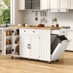 59" Rolling Kitchen Island Table on Wheels with Power Outlet & Drop Leaf, Mobile Kitchen Cart with Hidden Trash Storage Cabinet, Towel Rack for Kitchen