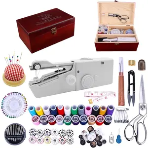 Hand Held Sewing Machine, with Red Wooden Sewing Box and 143 count Sewing Kit, Mini Portable Handheld Sewing Machine for Adults and Beginners, with a Power Adapter and Heavy-Duty