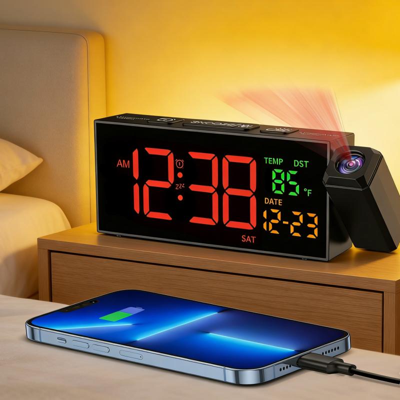 Projection Clock for Bedroom Ceiling, Alarm Clocks with 180° Rotatable Projector, Date Temperature and Weekday, Manual DST, 5 Brightness Levels, 10 Ringtones, 4 Volume Levels and Snooze (Black)