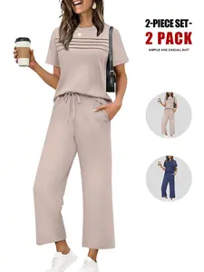Women's Two Piece Summer Set, Casual Loose-Fit Short Sleeve Suit, Wide Leg Crop Pants, Ideal for Vacation & Travel