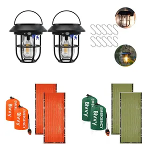 2PC Solar LED Lantern Camping Emergency Light W/ 4 Thermal Bivvy Blankets & Hook