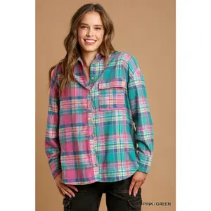 Mixed Plaid Boxy Cut Button Down Flannel With Front Pocket