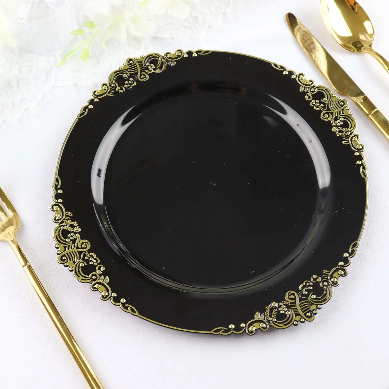 10-Pack Disposable Plastic Round Dinner Plates, 10in Black with Gold Leaf Embossed Wide Rims - Vintage Baroque Elegant Party Supplies for Wedding Upscale Dining Events