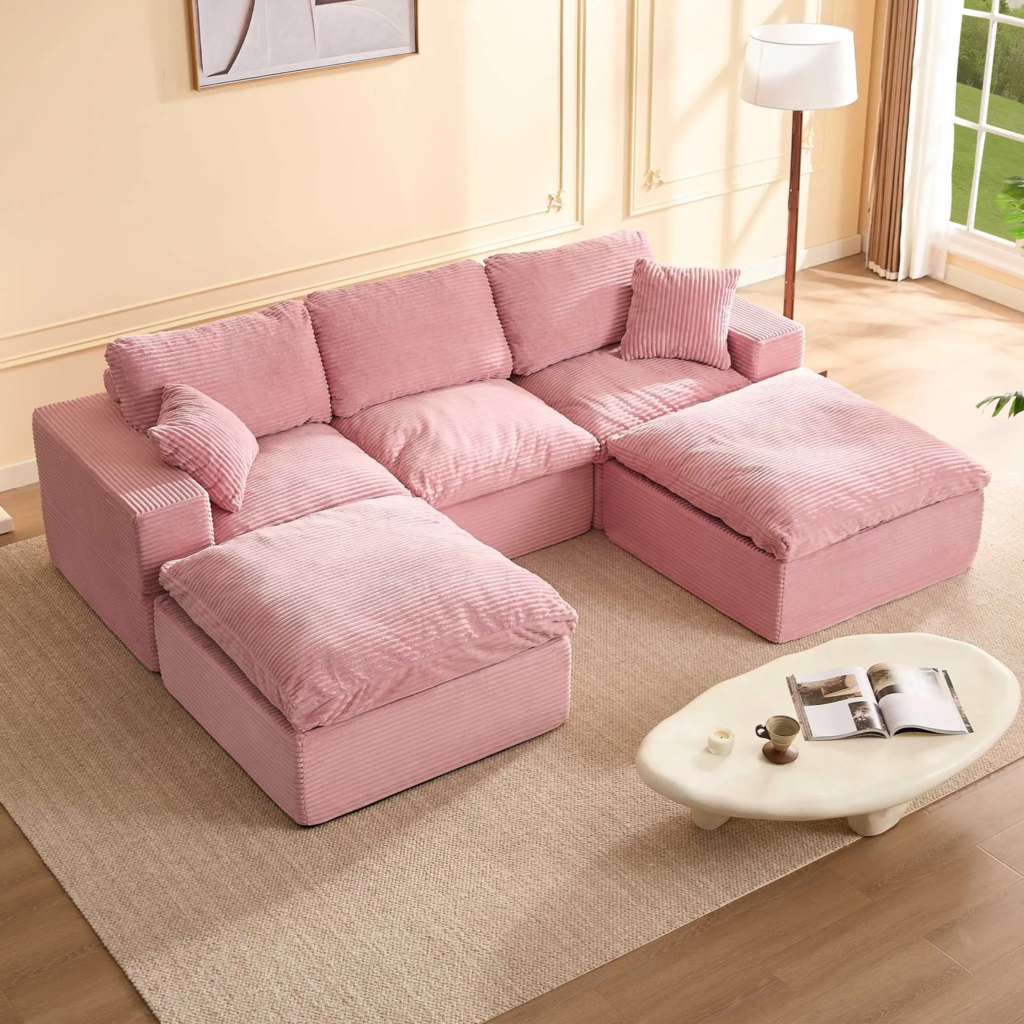 Pink-3 Seater + 2 Ottoman - 106" U