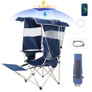 Folding Chair with Canopy, Camping Chair, Beach Chair, Sports Chair with 30W Solar Panel, Footrest, Cooler Bag, Cupholder & Portable Design
