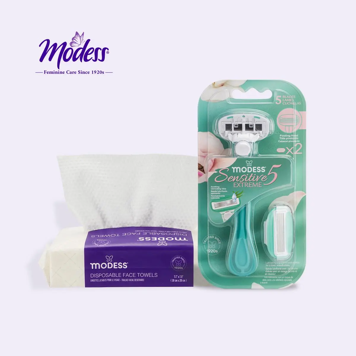 Modess Everyday Shave Starter Bundle - 30 Disposable Face Towels + 5-Blade Women's Razor with 2 Cartridges for a Smooth, Comfortable Shave