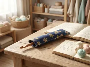 Japanese Sakura Crochet Hook Case Gifts for Crocheter, Gold Floral Fabric Sleeve