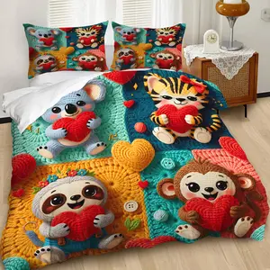 Adorable Handcrafted 2/3pcs Duvet Cover Set, Bedroom Bedding Set, Blue Koala, Tiger, Monkey Knitted Bedding Set, Soft Ultra-Fine Fiber Material, Retro Cute Comfort Warm, Includes 1 or 2 Pillowcases, Fillers Not Included, Zipper Closure