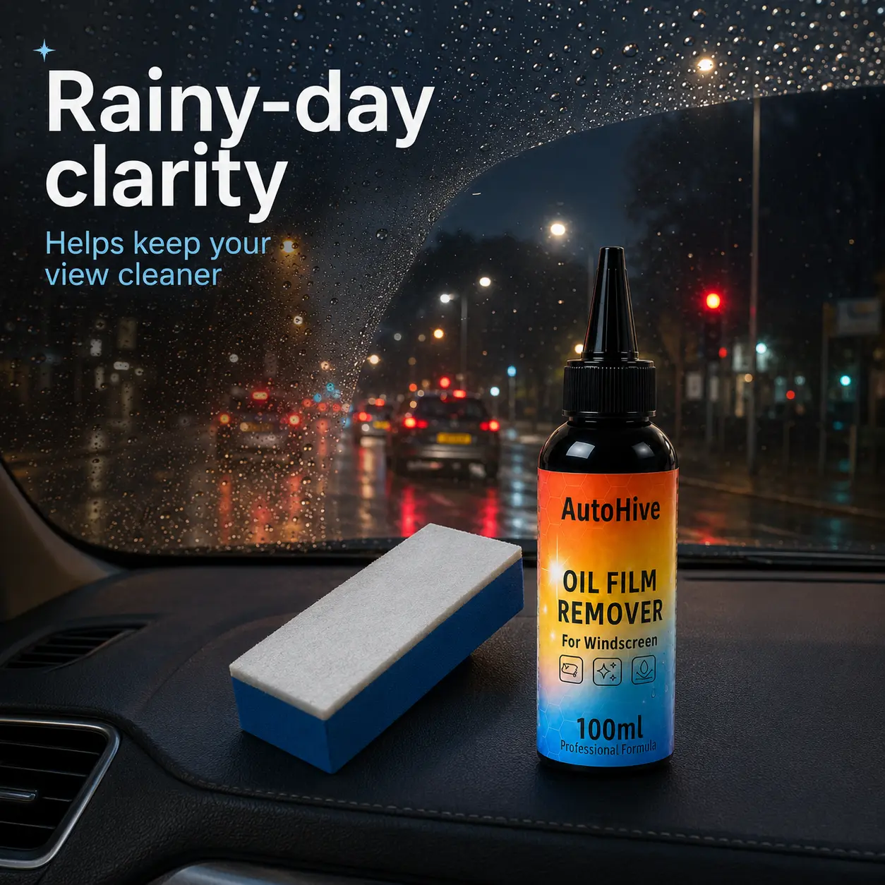 Car Glass Oil Film Remover Kit - 100ml Automotive Window Cleaning Polish, with Applicator Sponge for Windshield Maintenance, Car Cleaning Supplies, Car Care Products