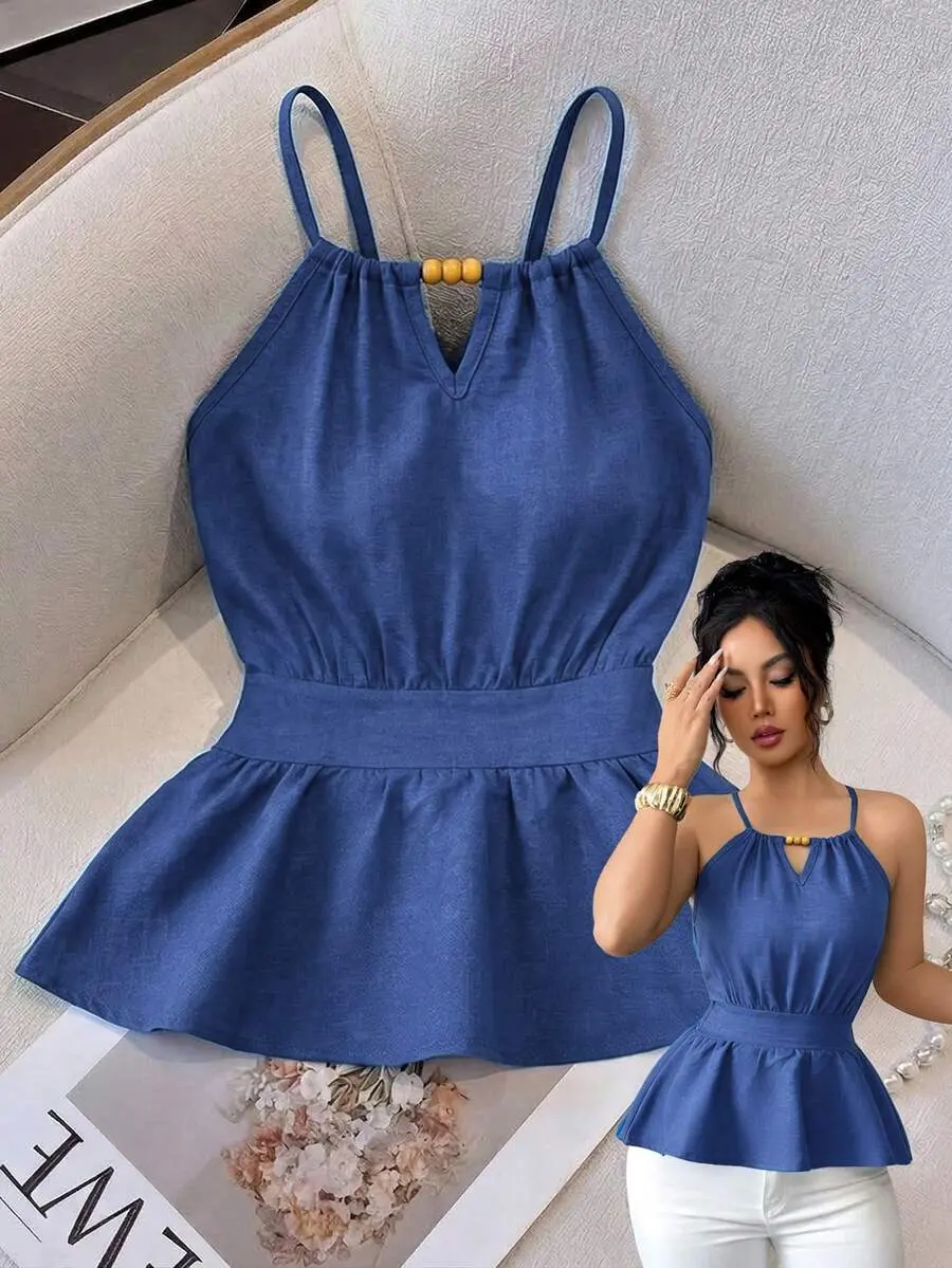 Women's Elegant Blue Summer Casual Holiday Vacation Holiday,Wooden Bead Decor Spaghetti Strap Fitted Sleeveless Vest,Zipper Design Commuter Top