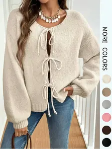 Women's Solid Color Tie Front Drop Shoulder Cardigan Casual Long Sleeve Knitwear for Fall Winter Fashion Women's Knit Clothing for Daily Wear Tops Knit Cardigan