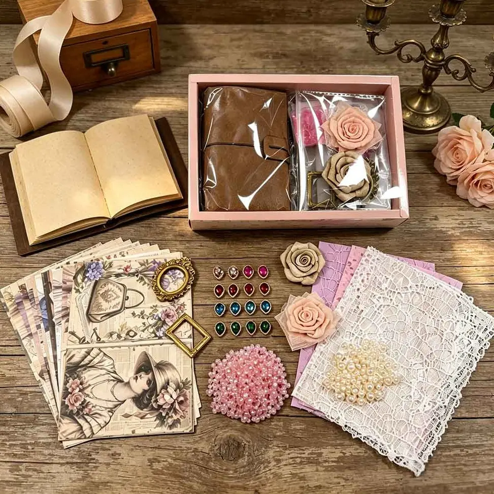 Complete Vintage Lady Junk Journal Starter Kit, Faux Leather Journal with Victorian Ephemera Cards, Roses & Frames, Scrapbooking Set for Creative Journaling & DIY Crafts