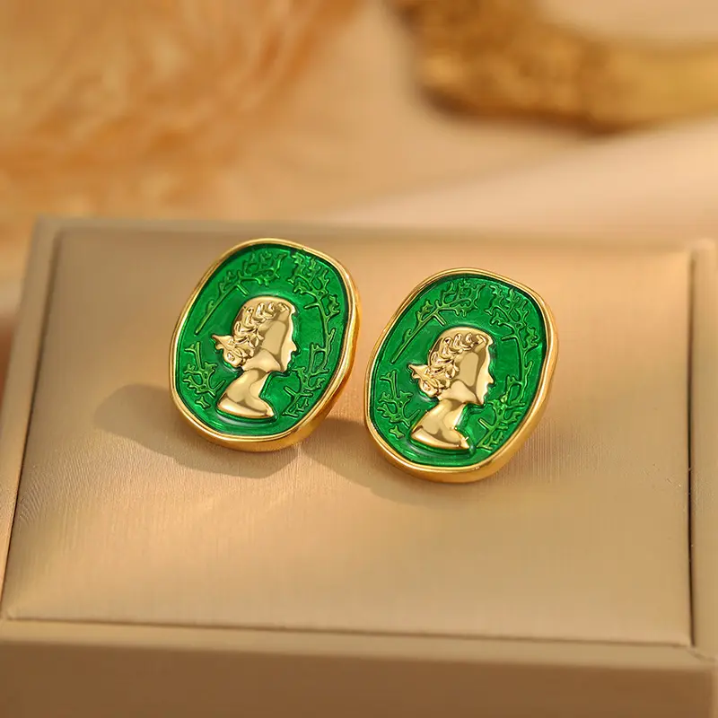 Korean-style elegant metal geometric portrait relief vintage earrings with unique design, S925 silver needle earrings