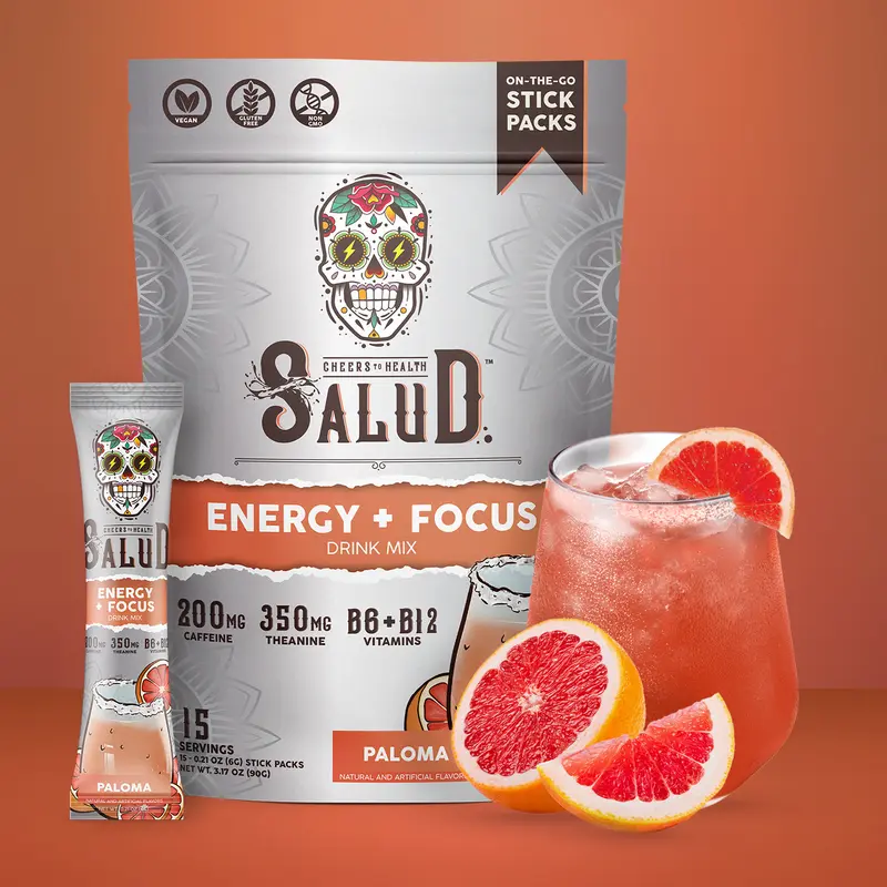 Salud 2-in-1 Energy Drink Powder + Focus, Paloma, Organic Caffeine, B6 & B12, L-Theanine, Vegan, Non-GMO, Gluten Free Beverage Sugar 90g - Dietary, Healthcare