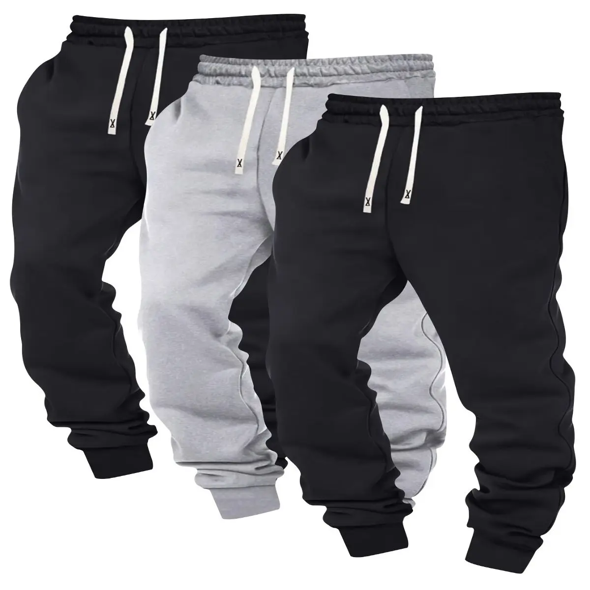 3pcs Men's Solid Color Joggers with Drawstring Waist - Casual Athletic Sweatpants, Polyester Blend, Machine Washable For Men Suitable for Sports, Loungewear & Everyday Wear Great Gift Active Guys