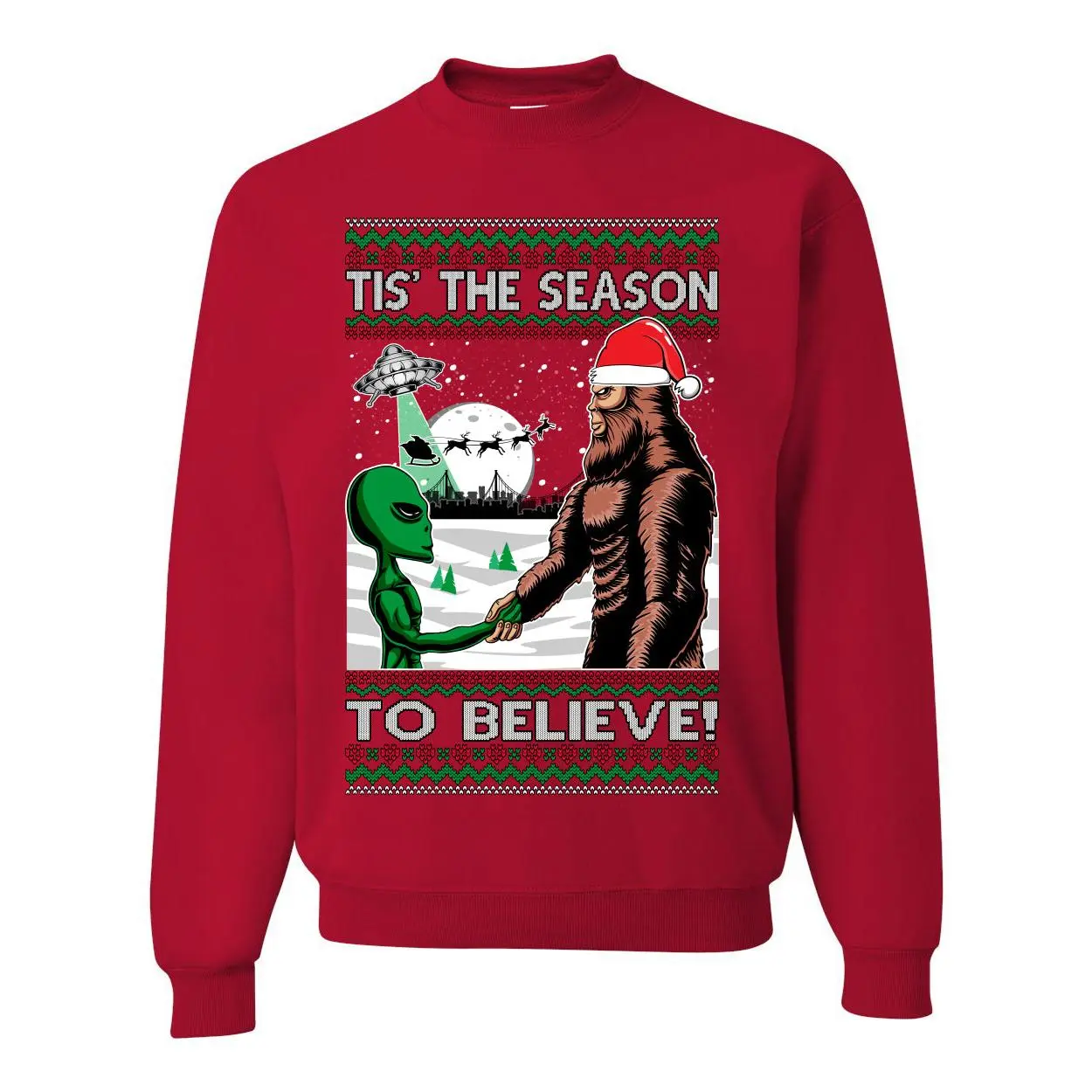 Bigfoot Tis' The Season to Believe in Conspiracies Aliens Ufo  Ugly Christmas Sweater Unisex Crewneck Graphic Sweatshirt