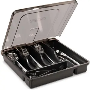 Utensil Holder for Countertop with Lid, Plastic Silverware Tray for Drawer, 5 Compartments Flatware Organizer, Black