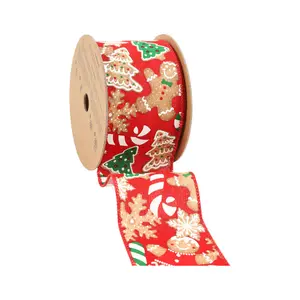 2 1/2" Wired Ribbon | Gingerbread Cookies and Candies on Red | 10 Yard Roll wreath making Christms tree decor