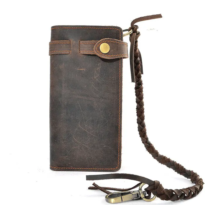 Vintage Men's Leather Card Holder Long Chain Trucker Wallet Biker Billfold