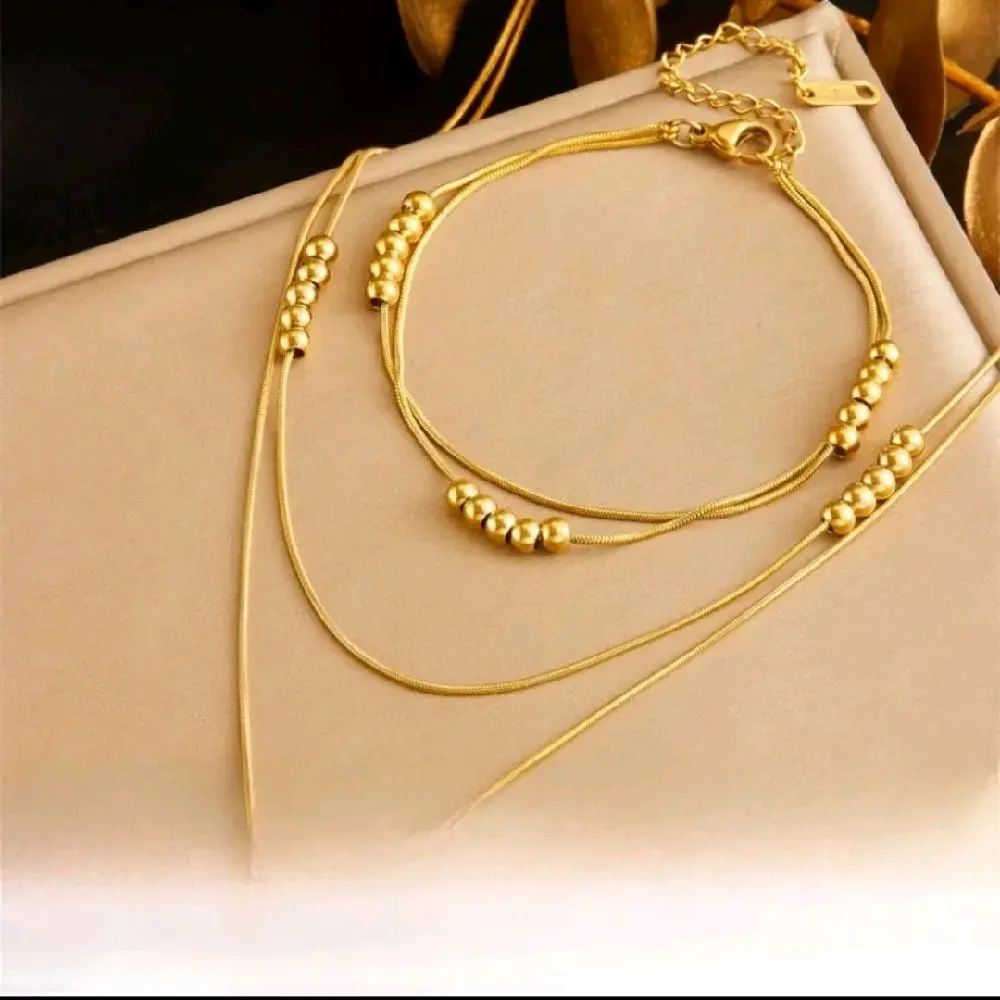 Juego De Joyas De Acero Inoxidable Doble Cadena De Serpiente Cuentas Redondas Collar Y Pulsera Para Mujer Estilo Minimalista