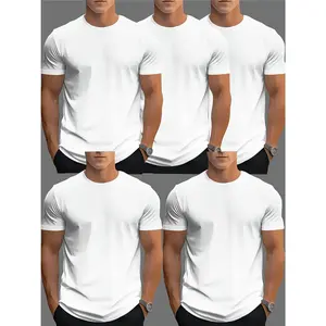 Unisex Menswear 5-Piece Classic Short-Sleeve Round Neck T-Shirt Set, 100% Heavy Cotton Crew Neck Soft Casual Tees Tops for Men and Women