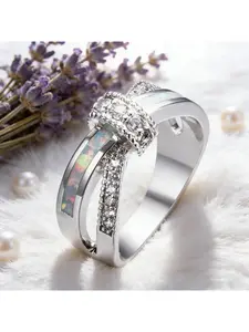 Statement Cocktail Ring for Women,Oval White Fire Opal & Floral CZ Ring,Elegant Twisted Band,Perfect for Party Wedding Gift