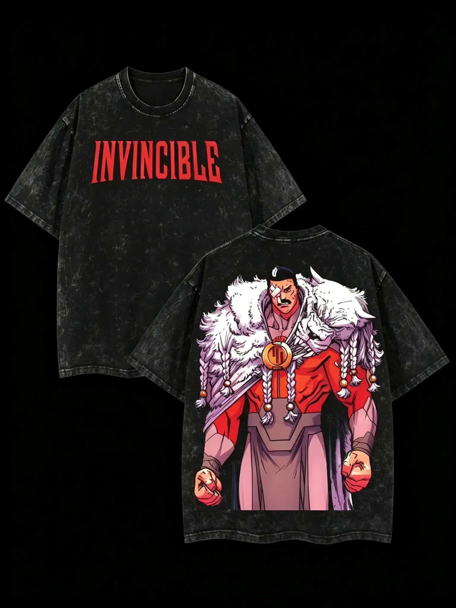 Men's Vintage Acid Wash Invincible Omni-Man T-Shirt, Double Sided Red Text Superhero Comic Graphic Tee, Grunge Streetwear Oversized Heavy Cotton Top Unisex Relaxed Fit