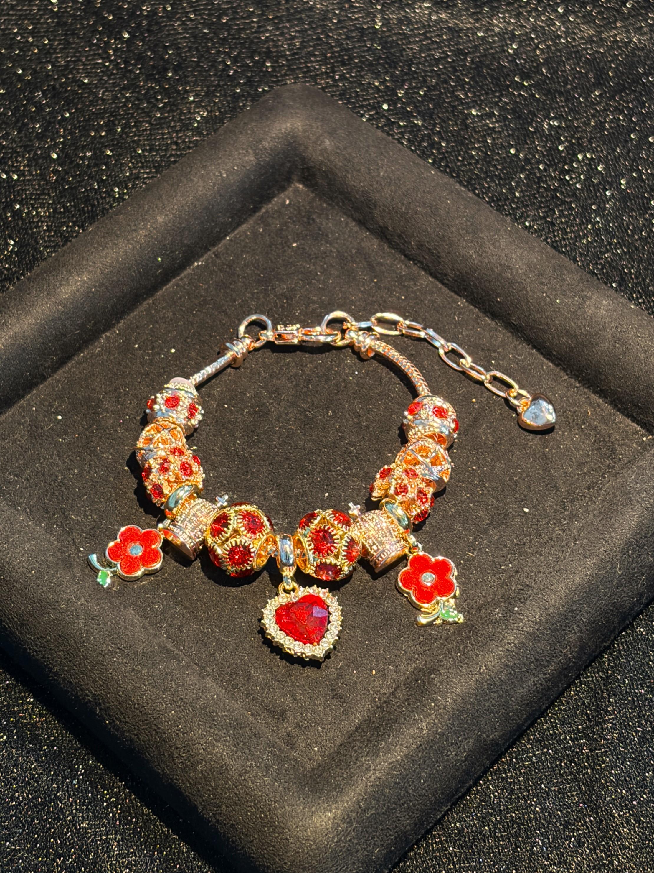 Pink Gold Women Beaded Snake Chain Bracelet, Red Rhinestone Heart & Enamel Flower Pendants, Decorative Crystal Beads, Adjustable Extender Chain Wrist Ornament, Fashion Daily Accessory, Nice Birthday Holiday Dating Party Present for Ladies Teen Girls