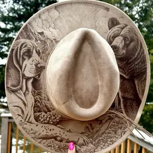 Bear Hound Hunting Engraved Fedora Hat with Detailed Engraving and Classic Design for Outdoor Adventures