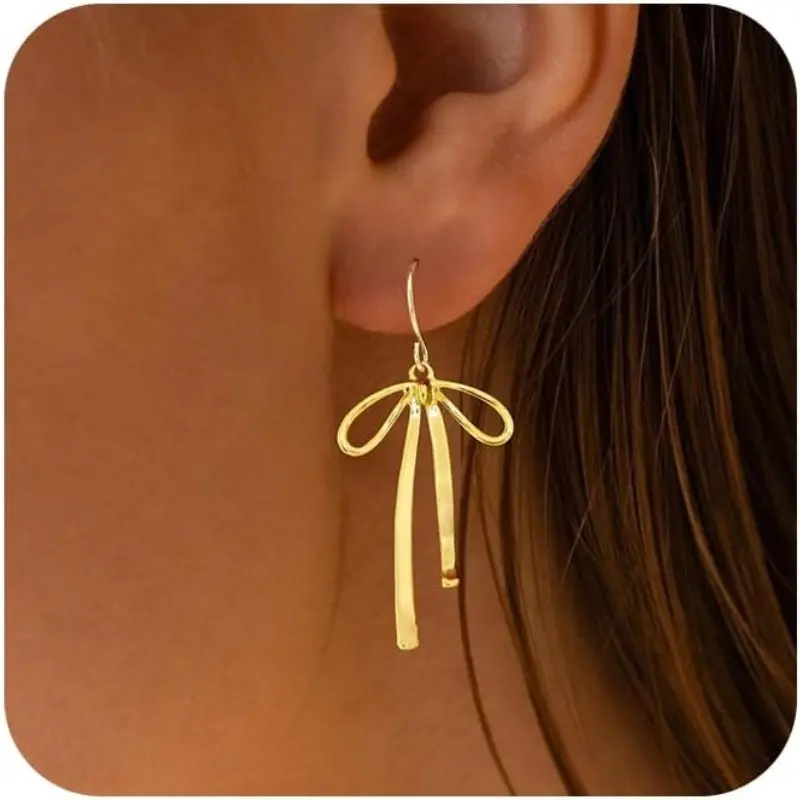 Women's 14K Gold Plated Lightweight Sparkling Bow Dangle Earrings, Hypoallergenic Cute Bow Stud Earrings, Christmas Fashion Costume Jewelry Gift