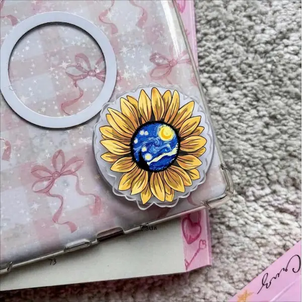 Van Gogh Sunflower magsafe Phone Grip, Aesthetic Starry Night Art Griptok, Cute Impressionism Flower Phone Stand, Classic Fine Art Reader Accessory for Kindle