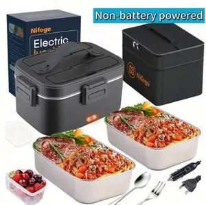 Nifogo Electric Insulated Lunch Box, 100W, Portable, 1.8L + 1.8L (Two Inner Containers), Stainless Steel, Ideal for Adults, Office, Trucks, and Cars, Includes Cutlery and Insulated Bag, Fork and Utensils, Extra-Large Capacity