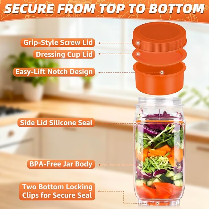 Salad Jar with Side Opening – Double-Lock Leak-Resistant Design, Vertical Layering Keeps Salads Fresh, Leak-Proof Salad Jar with Dressing Cup, Durable Salad Container for Lunch, Meal Prep & Work