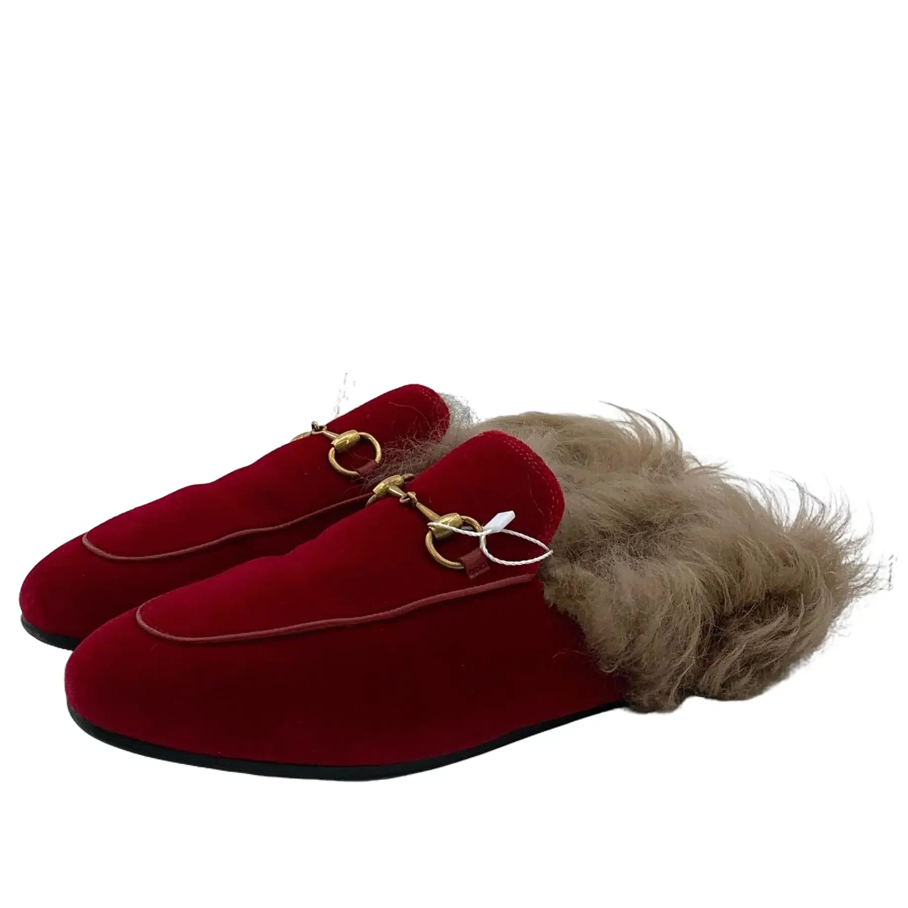 RDLT-Gucci Size 38 Princetown Red Round-Toe Suede Horsebit Fur Flat Mules-H36499