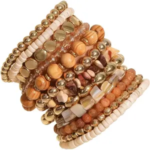 12 Pcs Boho Beaded Bracelets for Women, Brown Orange Bohemian Stackable Gold Bead Stretch Bracelets Stack Jewelry Gift