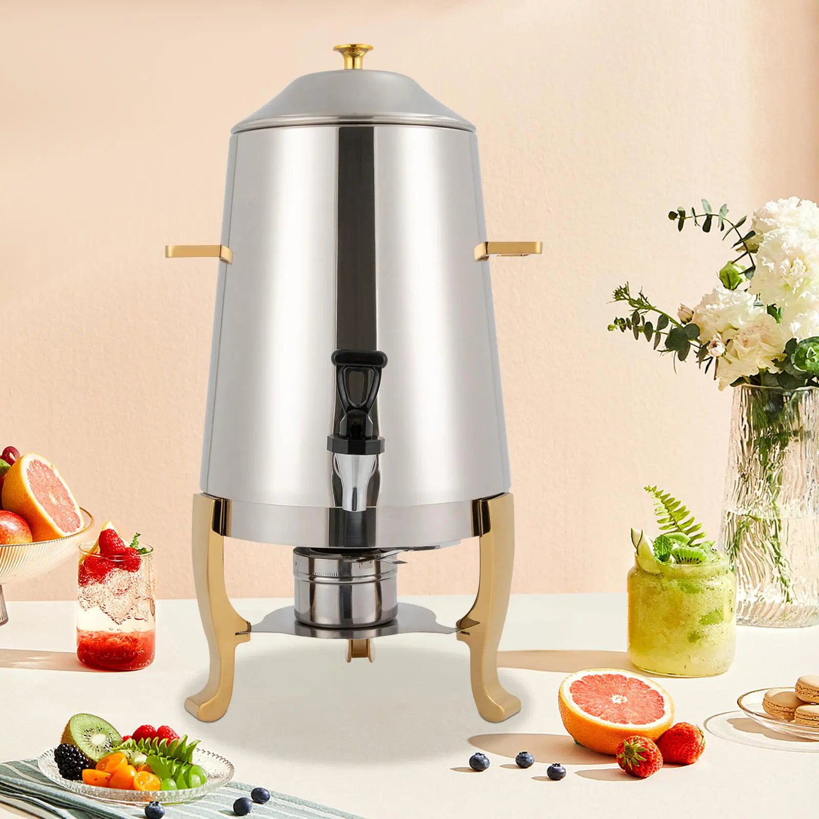 13L/3.43gal Electroplating Gold-Silver Stainless Steel Electric Coffee Urn - 400W Heat and Cold Hot Water Dispenser, 95-185℉ Heating Board, Fuel Tray, 110V US Standard Dual Heating, 4.2kg/9.26lbs, Free Standing, 1.45m/57inch for Parties, Restaurants, Kitc