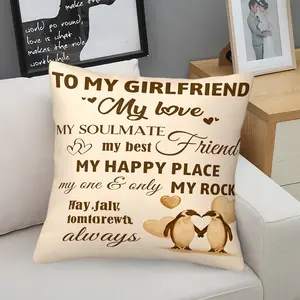 To My Girlfriend Love Throw Pillow, Romantic Penguin Cushion, Sweet Accent Pillow (Includes Pillow Core), Soft Plush Decorative Pillow for Couples Bedroom, Anniversary & Valentine's Day Gift
