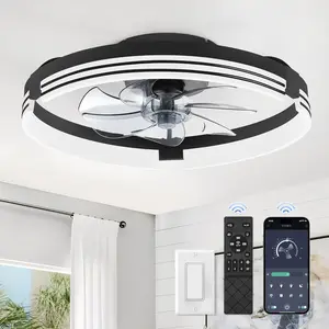 Low Profile Ceiling Fans with Lights and Remote, 20 Inch Flush Mount Ceiling Fan with Light, 3000K-6000K Dimmable Fandelier LED Fan Light, 6 Wind Speeds Black Ceiling Fans for Bedroom