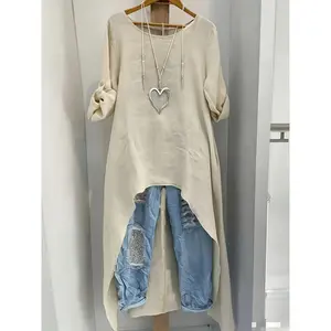 Women's Linen Irregular Long Top, Round Neck, Loose Fit Shirt, Retro, High-Low Hem, Elegant, Spring and Autumn, Versatile, Fashionable, Unique Shirt