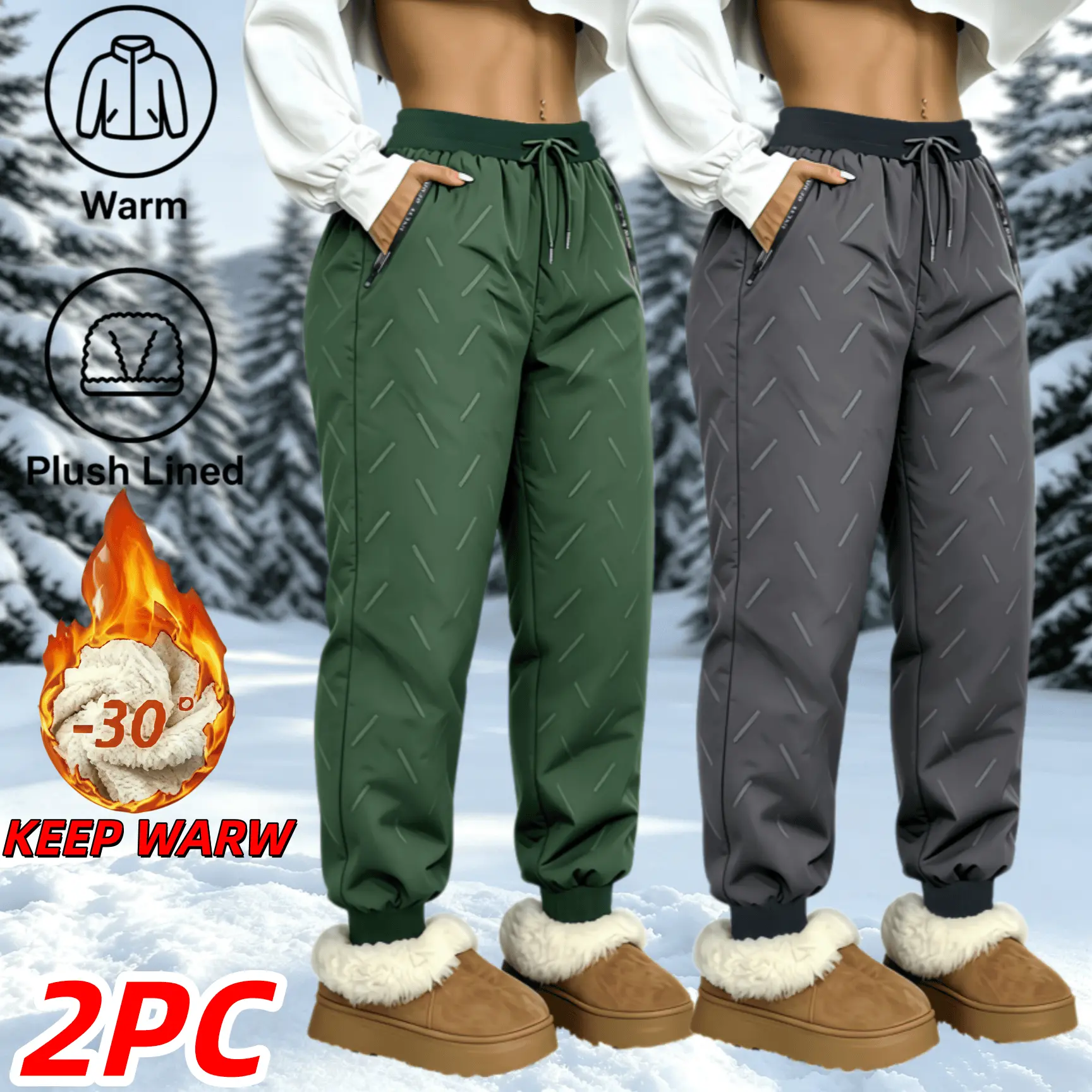 2 Pack Women’s -30°F Extreme Cold Plush Lined Snow Joggers, Windproof Water Repellent High Waist Drawstring Thermal Winter Pants, Zipper Pockets Rib Cuff Warm Trousers for Ski Outdoor Daily Cold Weather Outfits