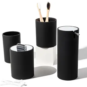 Sleek Matte Black Bathroom Accessory Set 4 Pcs Complete Bathroom Set Modern Bathroom Decor Bathroom Organizer Accesorios para baños Toothbrush Holder Soap Dispenser Set Home Decor Clearance