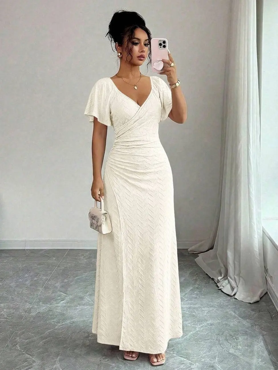 Women's Light Purple V-Neck Ruffle Sleeve Pleated Waist Split Dress, Elegant Bridesmaid Dress, Party Gown, Spring/Summer