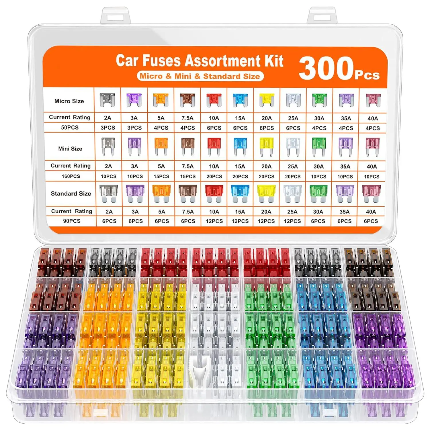 300Pcs Car Fuse Assortment Kit - 160 Mini Blade Fuses, 50 Micro Fuse, 1 Puller for 2Amp to 40A Fuses Car Power Inverter Car Smart Display, Car Accessories, Auto Parts Accessories, Variety Pack