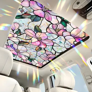 Pink Mangnolia Rainbow Stained Glass Decorative Privacy Car Sunroof Window Film Sun Protection Decal Cling 17" x 39.4"