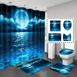 [Popular Choice]1pc/4pcs, bathroom curtains shower, bathroom set, shower curtains, bathroom rug, Home Decoration, bathroom mat, Moon Pattern, Ocean Theme Decoration, Bathroom Set, with 12 hooks.