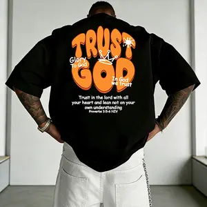 Men’s oversized “Trust God” Christian graphic T-shirt featuring bubble letters and Bible verses print, streetwear tee with a loose fit and short sleeves—ideal for everyday wear, faith-based outfits, and urban style.