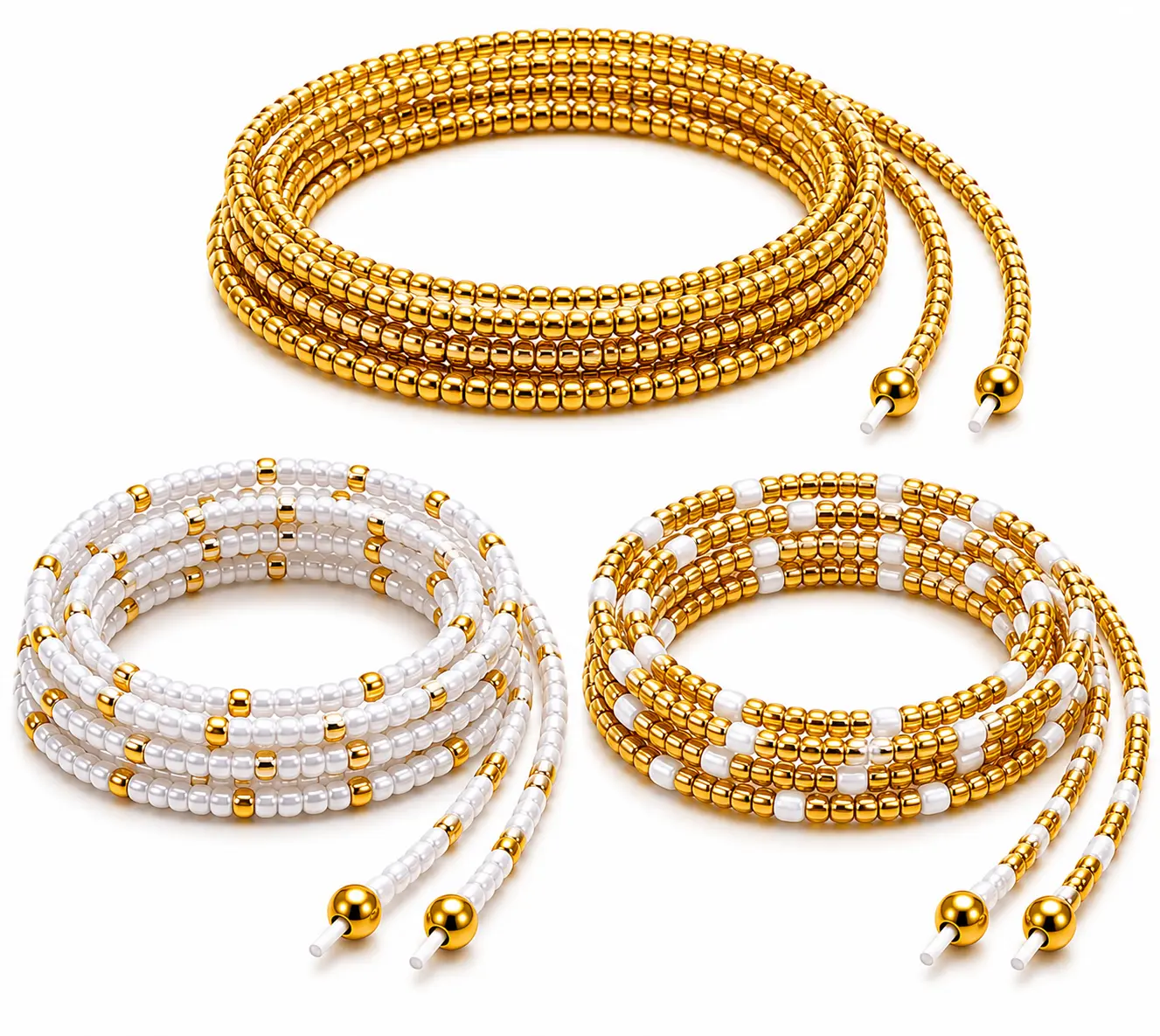 3 Pieces Waist Beads for Women – Gold & White Transparent Tie-On Waist Beads, 35 Inch Adjustable Handmade African Belly Beads