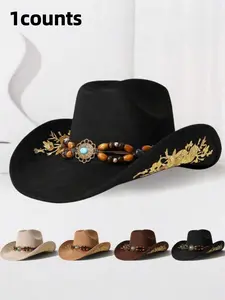 2026 New Gold Thread Flower Embroidery Hat, Unisex Jazz Hat, Vintage Fashion Ethnic Style Cowboy Hat, Western Hat, All Seasons Loose-Fit Hat